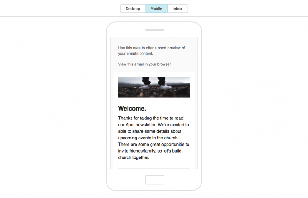 An image of the MailChimp 'Mobile Preview' Screen