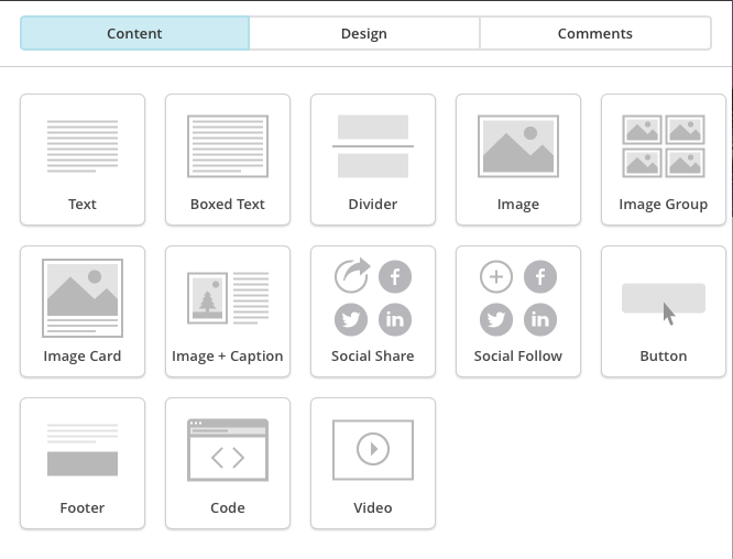 A screenshot of the various options in MailChimp for adding content to your campaigns